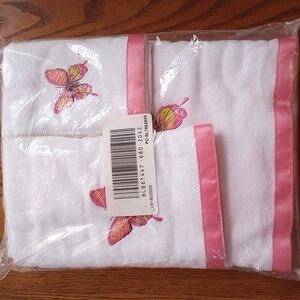 Butterfly embroidered new white towel set pink trim Blair still in pack set of 3
